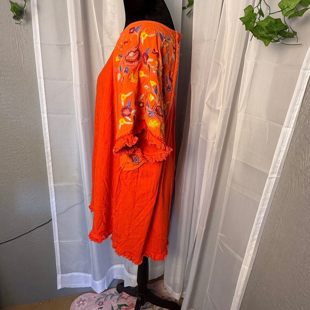 Umgee Plus Orange Embroidered Sleeve Linen Cotton Blend Fringe Hem Top 2XL - Picture 5 of 9